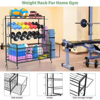 Dumbbell Rack, Balls Workout Equipment Storage Organizer Yoga Mat with Hooks and Wheels