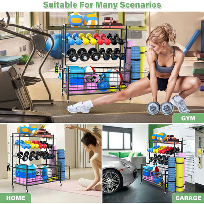 Dumbbell Rack, Balls Workout Equipment Storage Organizer Yoga Mat with Hooks and Wheels